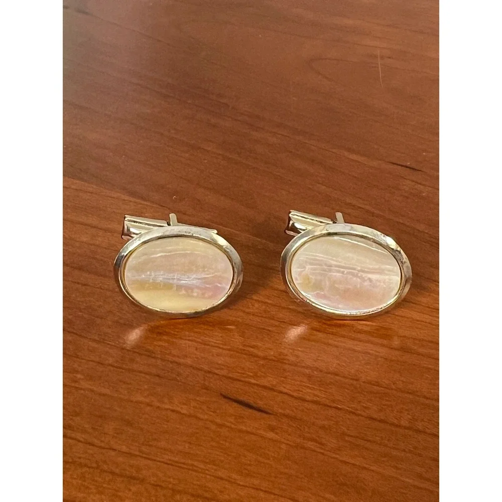 Vintage Mother of Pearl Cufflinks Mens Gold Tone Oval Iridescent PAT PEND Formal